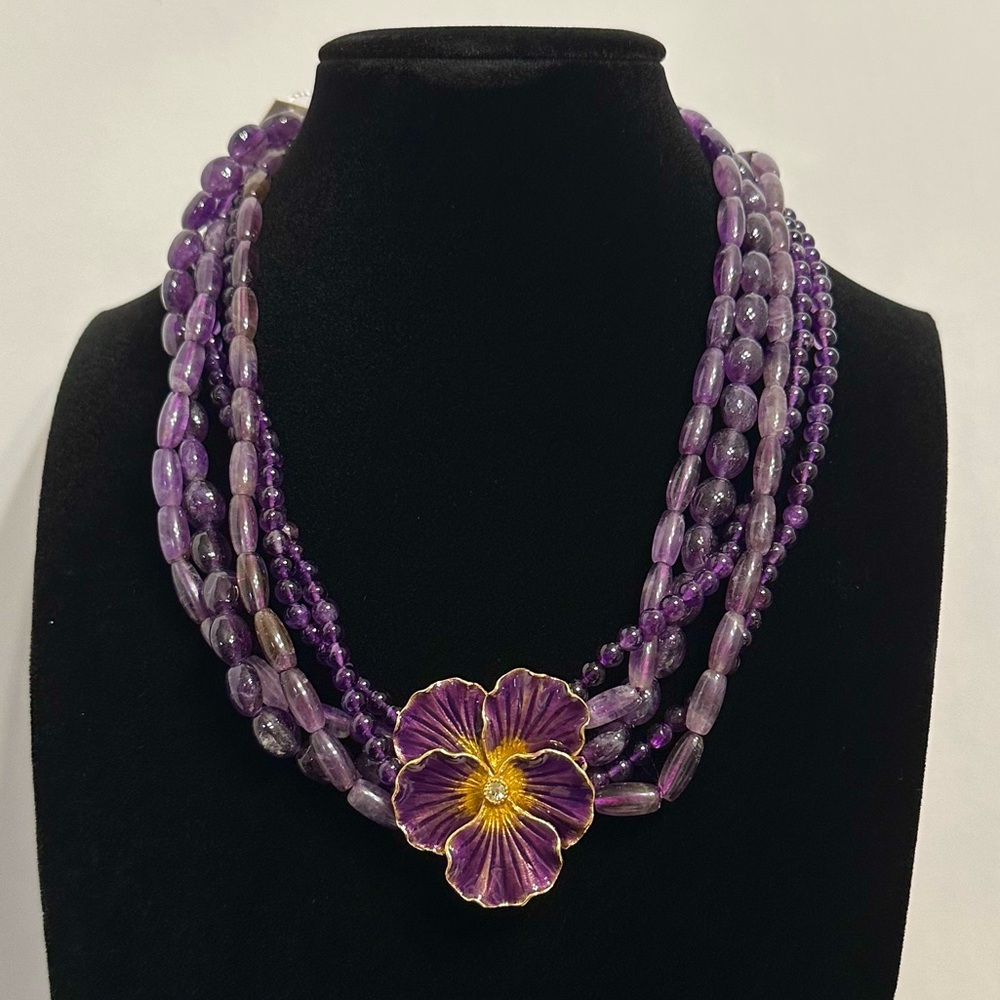 Rare MMA 24k Overlay Genuine Amethyst Pansy Necklace and Earrings Set